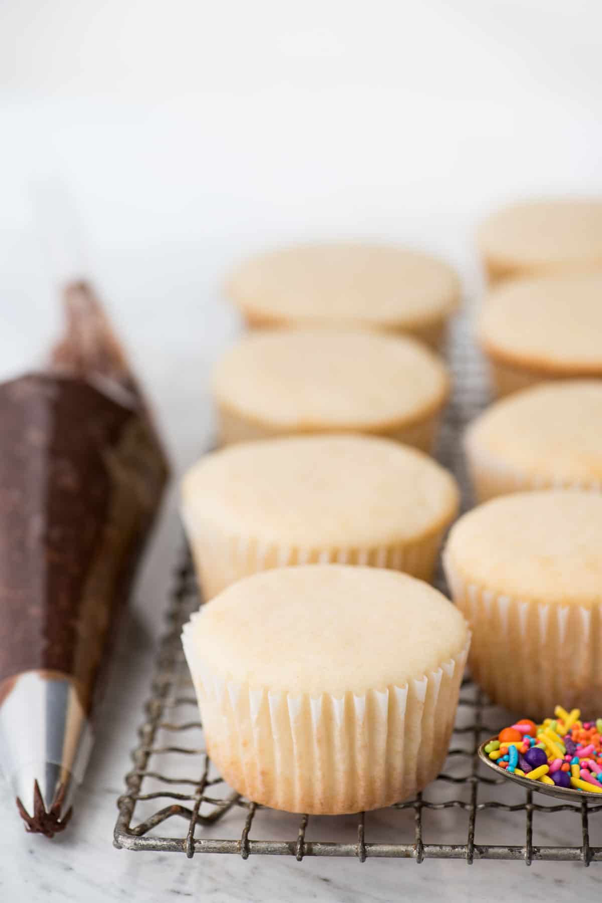 white unfrosted cupcakes on metal cooling rack with sprinkles and chocolate frosting near by