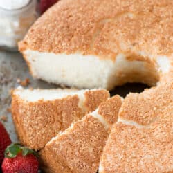 100% homemade angel food cake! This is the recipe that everyone will ask you for! This recipe shows you how to use all purpose flour instead of cake flour, and you can easily make it gluten free!