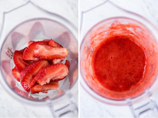 strawberries in blender and strawberry puree in blender collage