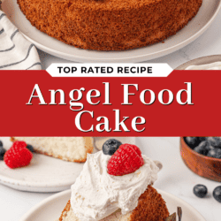 A golden brown angel food cake topped with fresh strawberries, raspberries, blueberries, and mint sits on a plate. Below, a slice of angel food cake is served with whipped cream and berries. Text reads: Top Rated Recipe: Angel Food Cake.