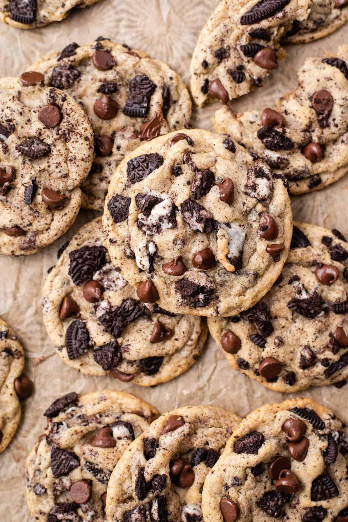 oreo cookies with chocolate chip on brown parchment paper