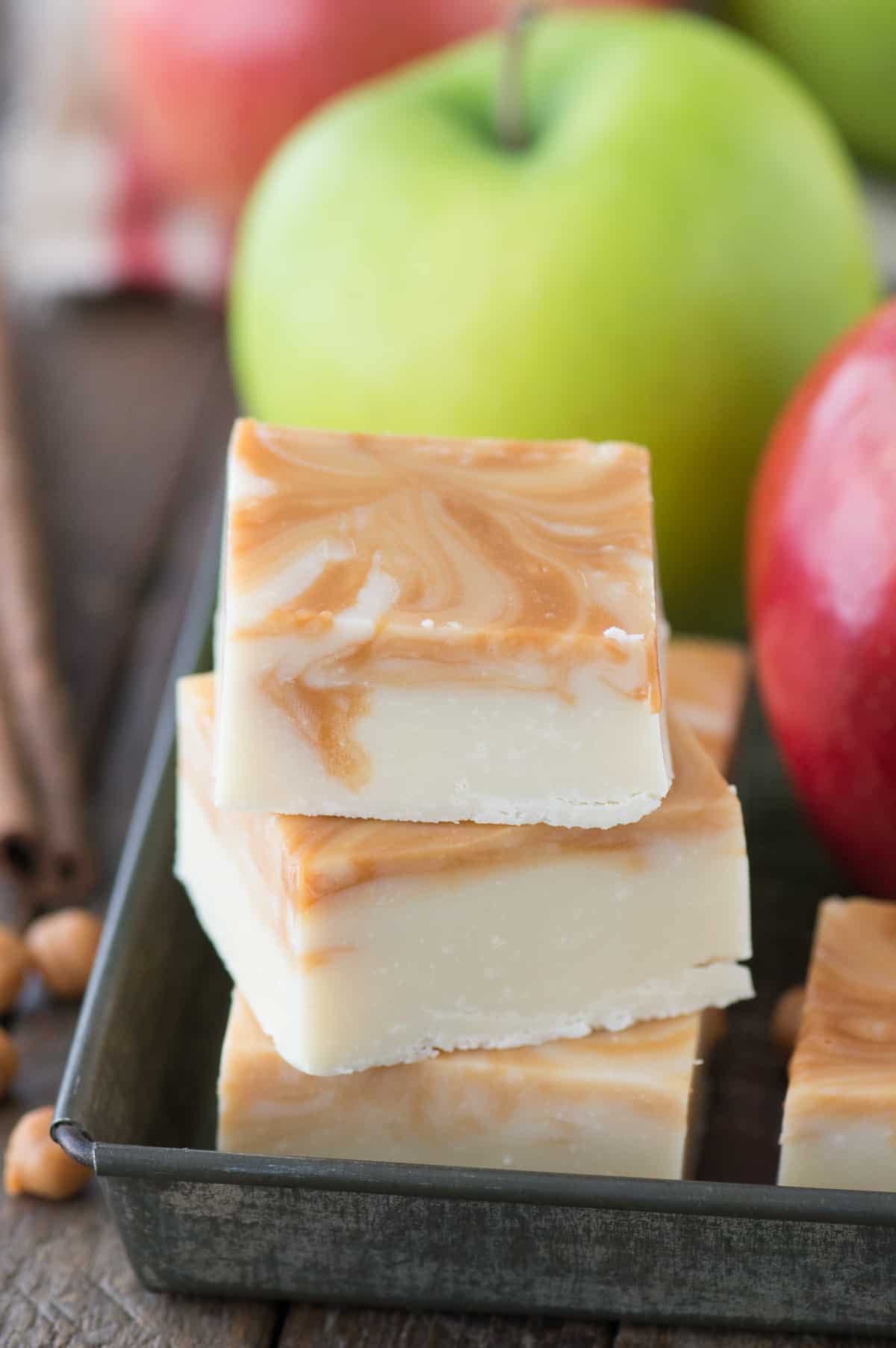 pieces of caramel apple fudge in metal tray