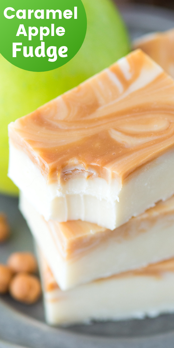 caramel apple fudge with bite removed on one piece with text overlay