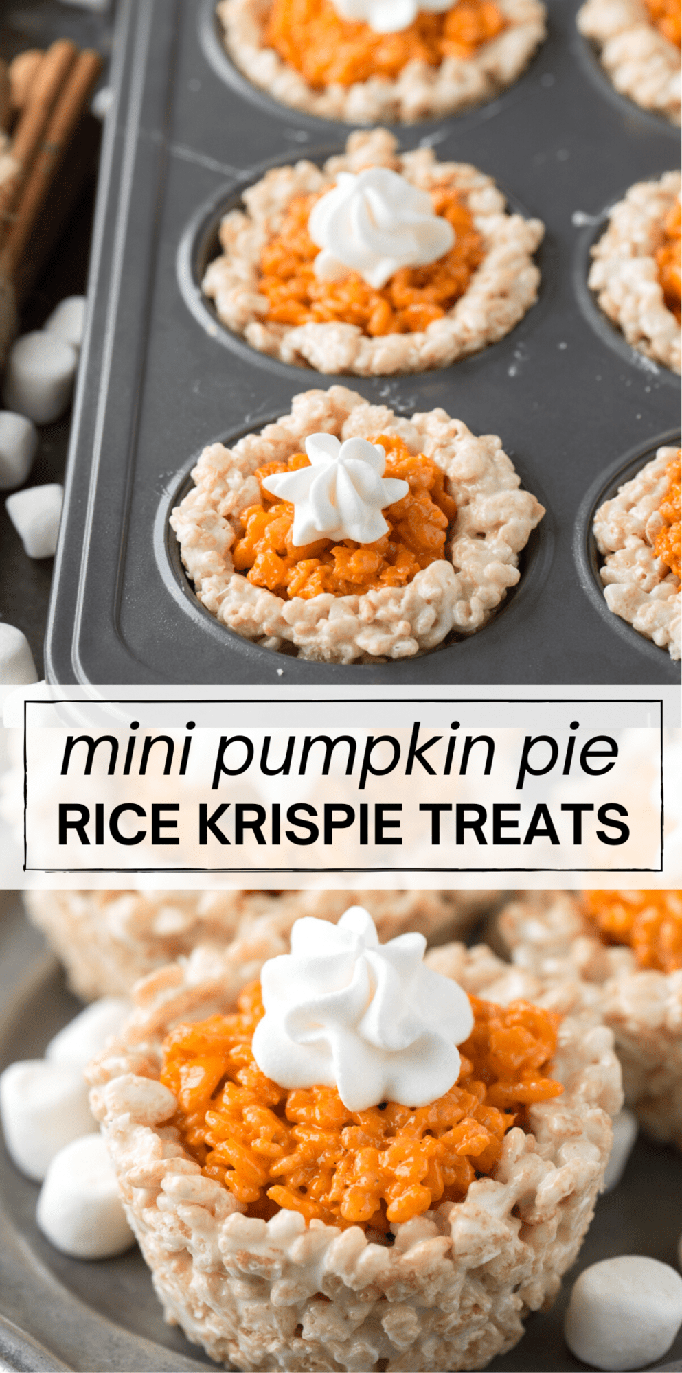 Pumpkin Rice Krispie Treats that look like mini pumpkin pies!