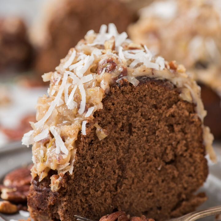Rich and chocolatey german chocolate bundt cake with classic german chocolate frosting! We’ll show you how to make that classic coconut pecan frosting!