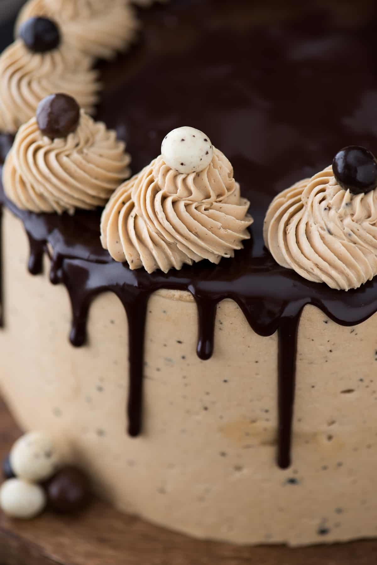 whole chocolate coffee cake on wooden tray on dark background