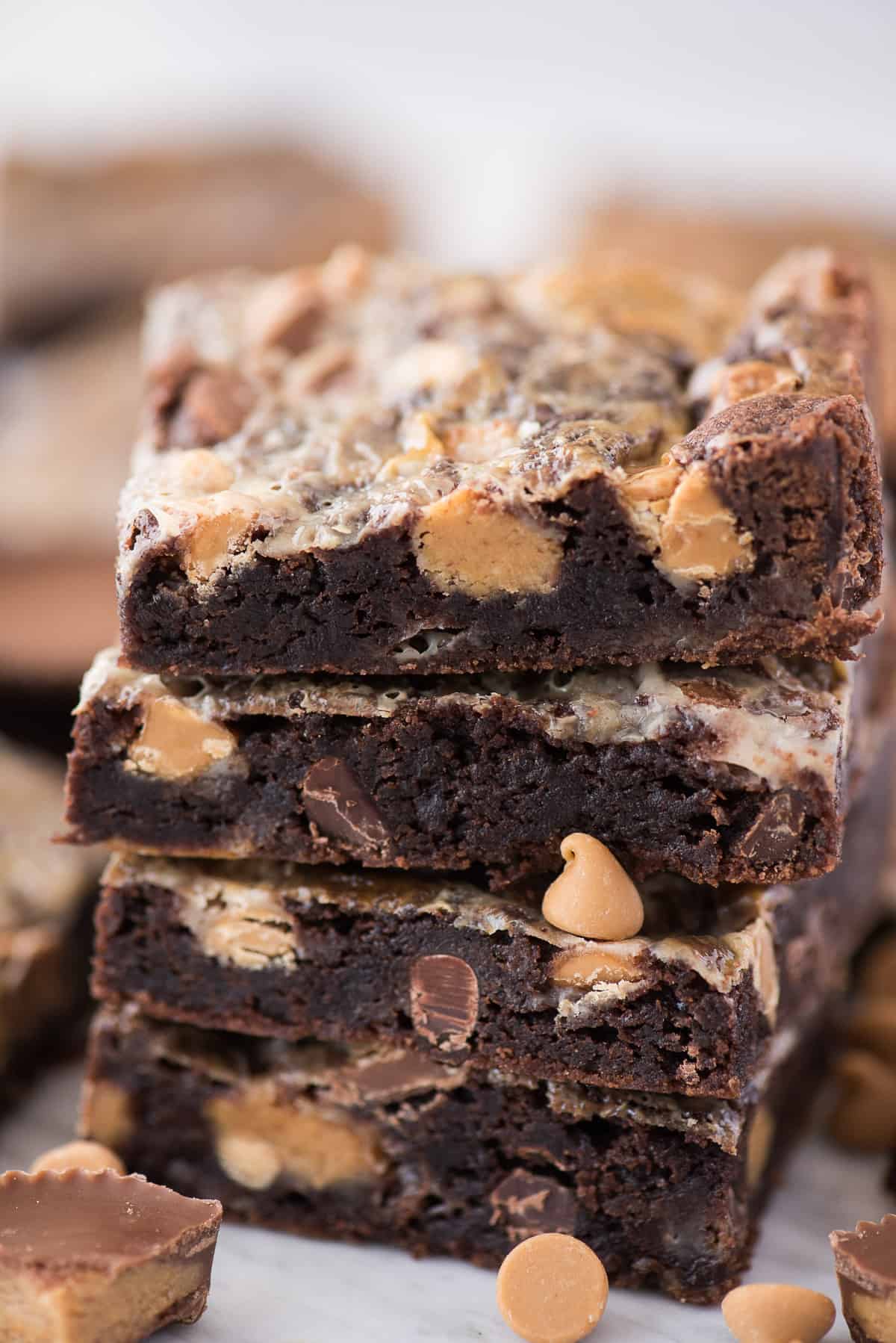 reese's magic bars cut into squares and stacked on each other