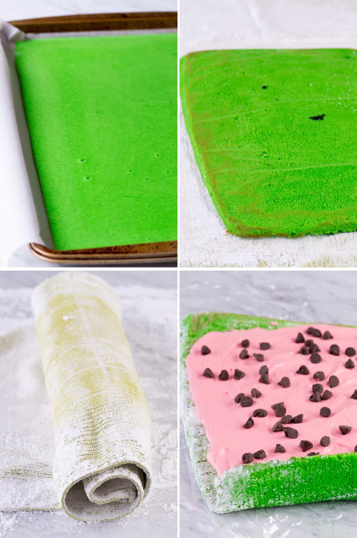 green cake roll with pink filling and chocolate chips to look like a watermelon cake roll