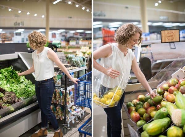 How to take an authentic brand photo in a grocery store 2 photos, woman in grocery store shopping for spinach and mango