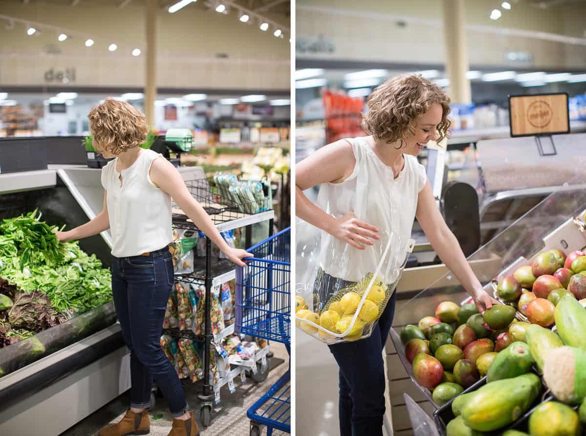 2 photos, woman in grocery store shopping for spinach and mango