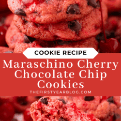 A stack of cherry chocolate chip cookies with whole cherries and more cookies in the background; one cookie is broken open to reveal gooey chocolate chips and maraschino cherry pieces inside.