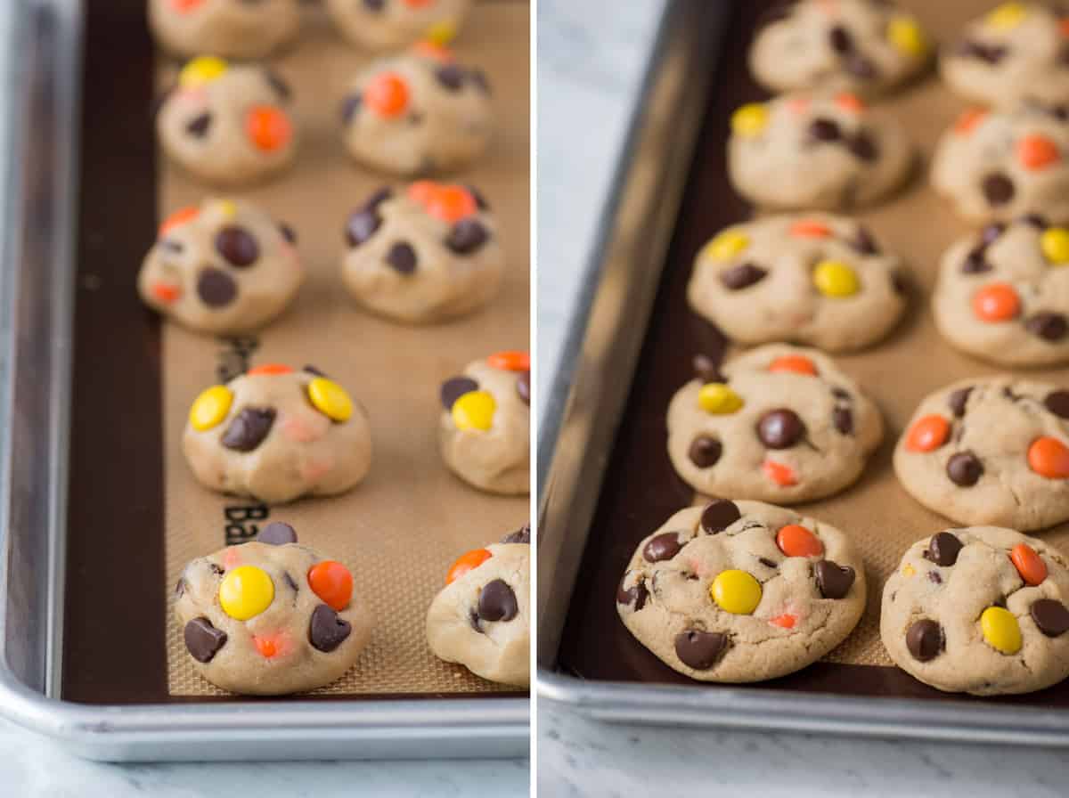 2 collage photos - peanut butter cookies with reese's pieces candies and chocolate chips on metal baking sheet