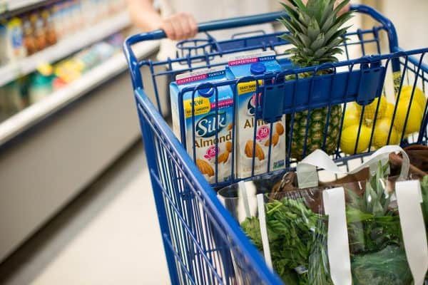 woman with shopping cart in a grocery store 