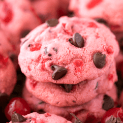 cherry cookies with chocolate chips and pink food coloring