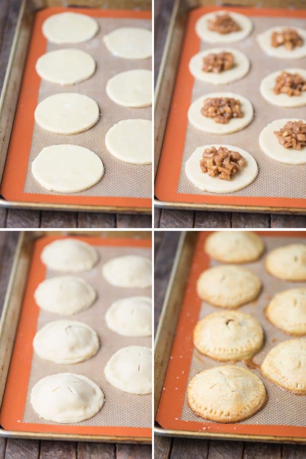 Homemade apple hand pies are a great apple dessert to make any time of the year. Watch the quick step by step video to learn how to make these mini apple pies. #applehandpies #handpies #applepie #minipie collage picture of how to assemble apple hand pies