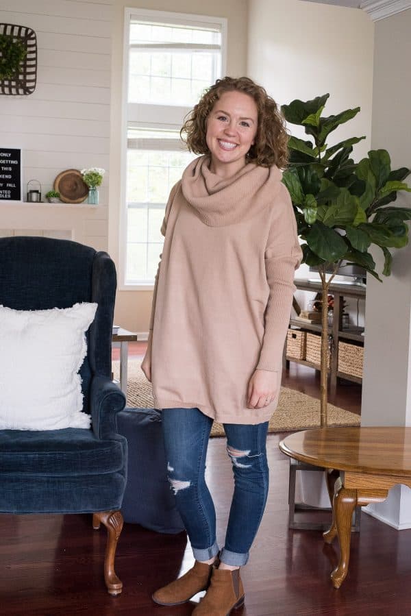 Woman wearing khaki color oversized cowl neck sweater from Amazon