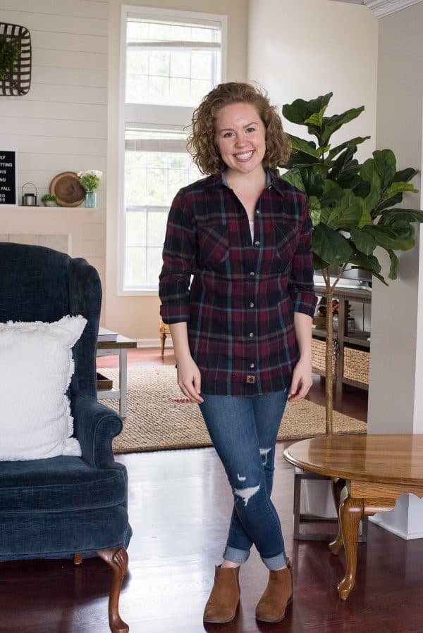 Woman wearing long sleeve flannel shirt from Amazon