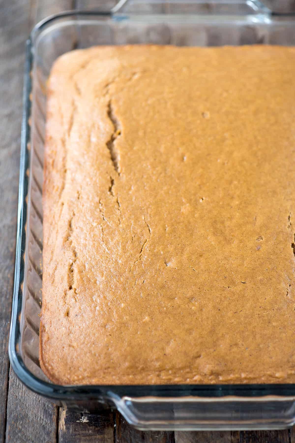 pumpkin cake in glass 9x13 inch pan without frosting
