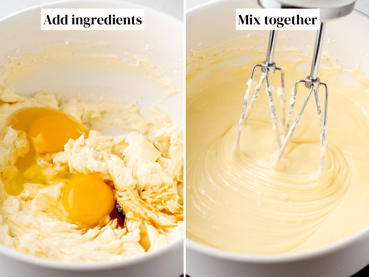 mixing cheesecake ingredients in white bowl