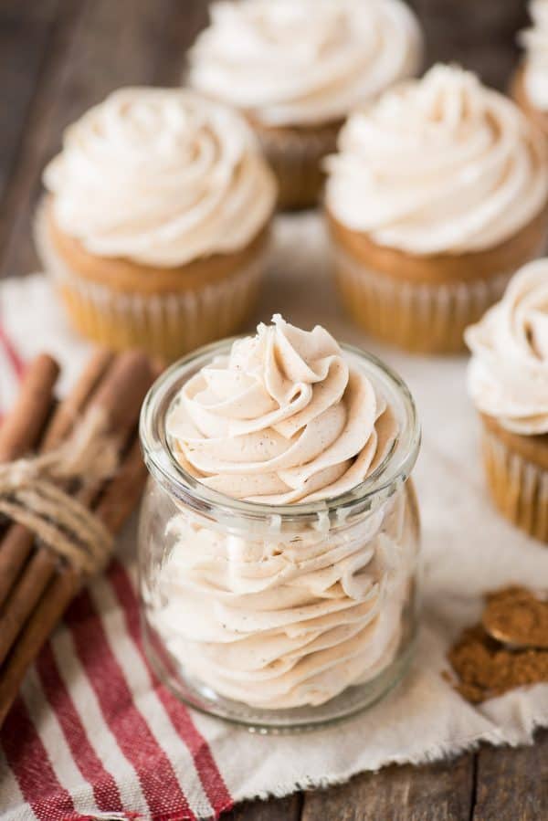 Spiced buttercream is the perfect frosting to pair with pumpkin, chocolate or vanilla cake! With cinnamon and nutmeg, is this a great fall spice frosting! spiced buttercream piped in to a glass jar
