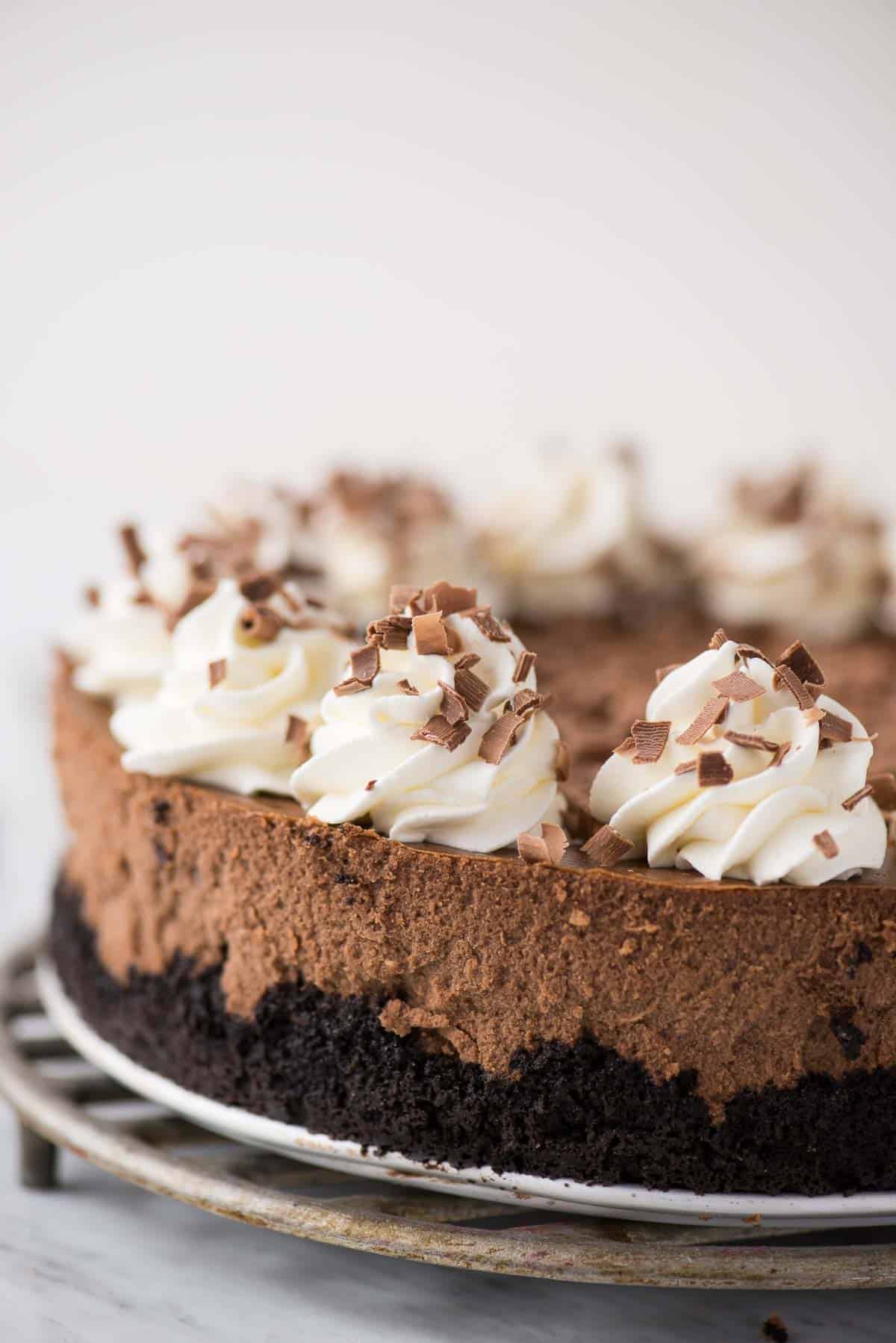 close up of whole chocolate cheesecake