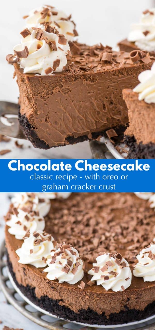 This is a classic chocolate cheesecake recipe that you’ll use over and over! The cheesecake batter has 5 ingredients and turns out to be so creamy and chocolate-y! Plus, you can do an oreo crust or graham cracker crust for this chocolate cheesecake. #chocolatecheesecake #cheesecake slice of chocolate cheesecake