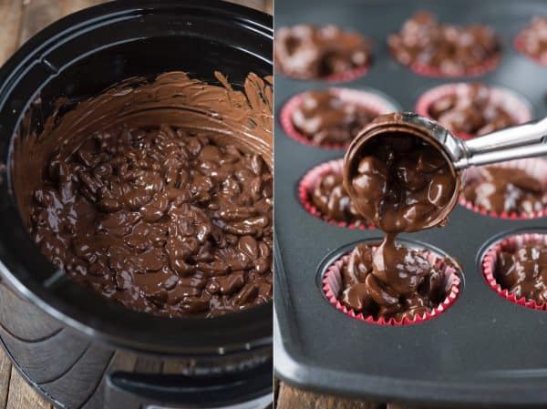 Crock pot or stove top spicy nut clusters! These dark chocolate cayenne nut clusters are popular during the holiday season. Plus there’s notes for making them less spicy or packed with heat! dark chocolate cayenne nut clusters in crock pot (left) and in red mini muffin paper cups (right)