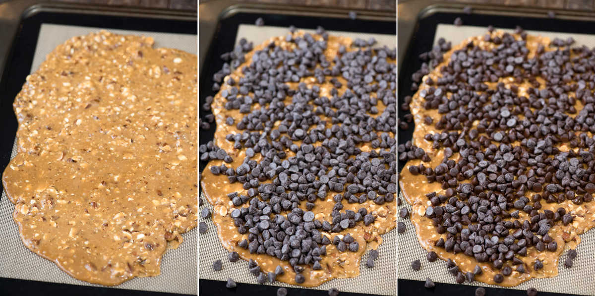 3 collage pictures of how to melt chocolate chips on toffee