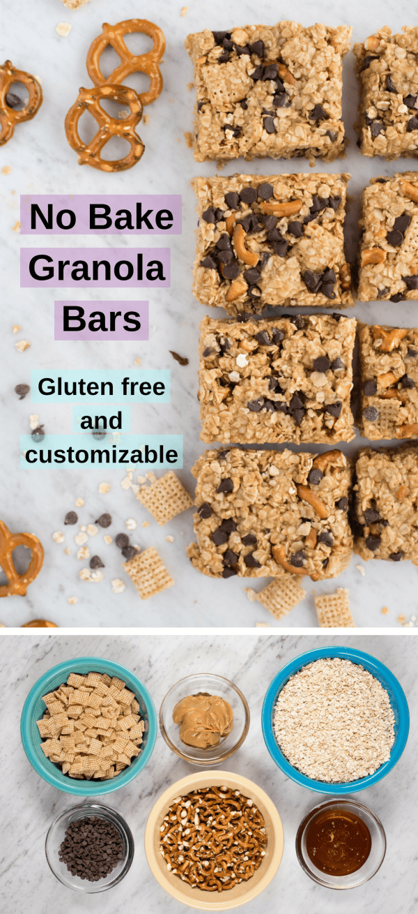 No bake granola bars with peanut butter and honey. Customize these homemade granola bars with gluten free, refined sugar free, and dairy free options! #nobakegranolabars