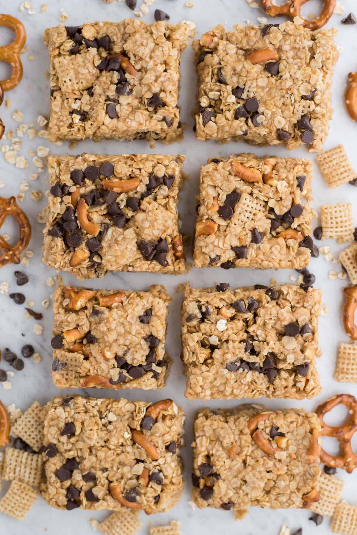 no bake granola bars in 2 rows on white background