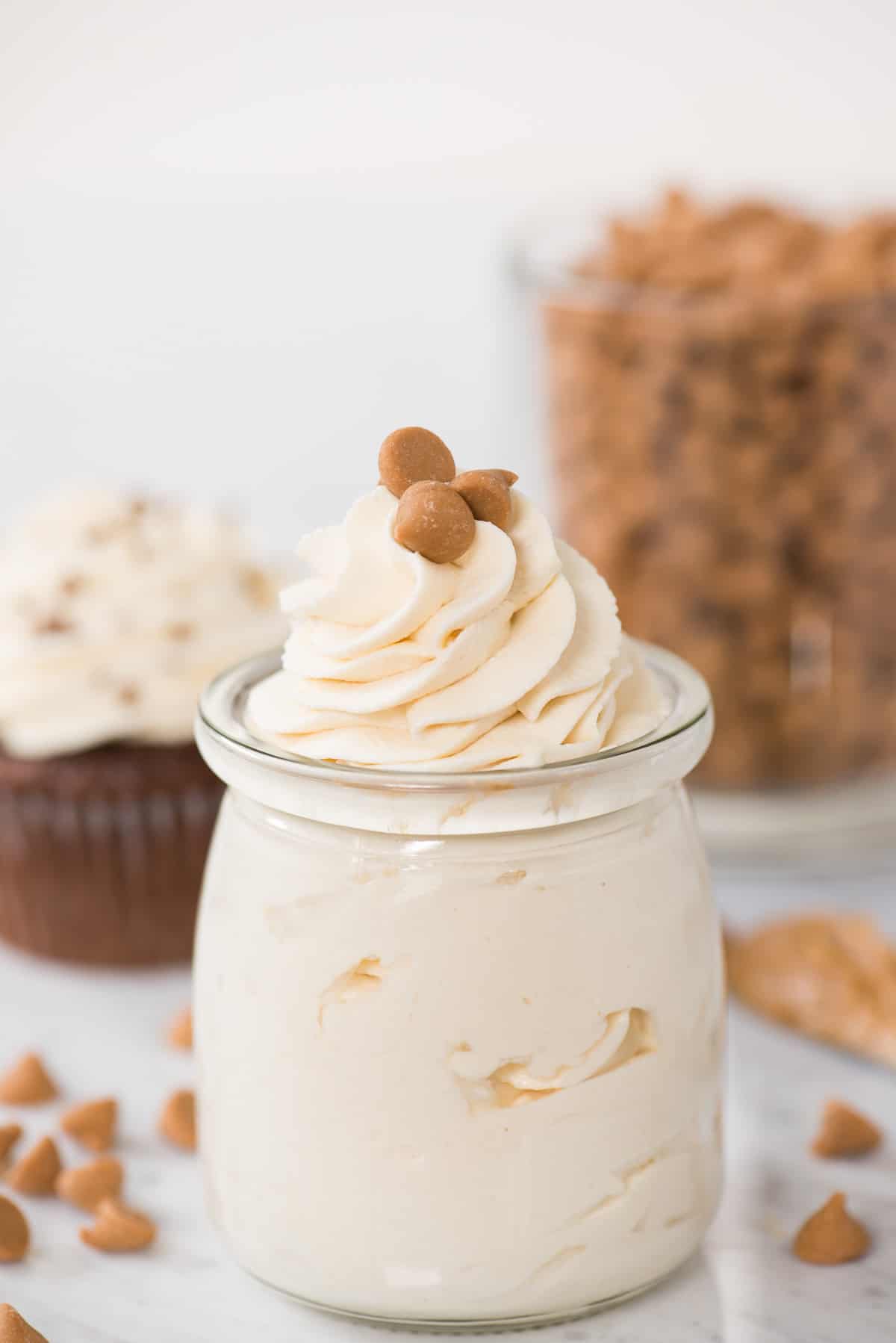Peanut butter whipped cream in glass jar 