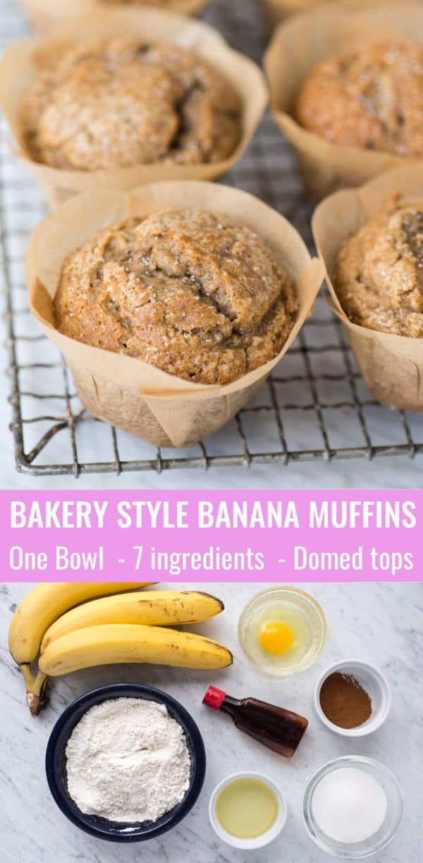 Bakery style banana muffins with domed tops. One bowl banana bread muffins for the whole family (including kids & toddlers). Awesome banana muffin recipe to use with gluten free flour! Plus turn these into banana chocolate chip muffins with chocolate chips! #bananamuffins #bananabreadmuffins #bakerystylemuffins banana muffins in brown parchment paper liners on metal cooking rack