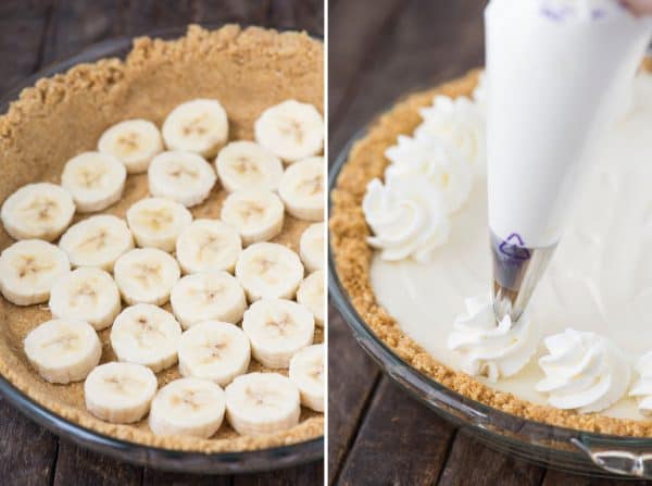 Banana Breeze Pie is a no bake creamy, custard like banana pie that uses cream cheese, sweetened condensed milk and lemon juice for the filling. The filling is creamy & sweet with a lemony citrus undertone. Plus then there are the bananas! This no bake banana pie gets it’s name (Banana Breeze Pie) because it’s a breeze to make and is considered a shortcut to banana cream pie. banana cream pie collage with graham cracker crust and bananas on left and whipped cream swirls being piped on on the right