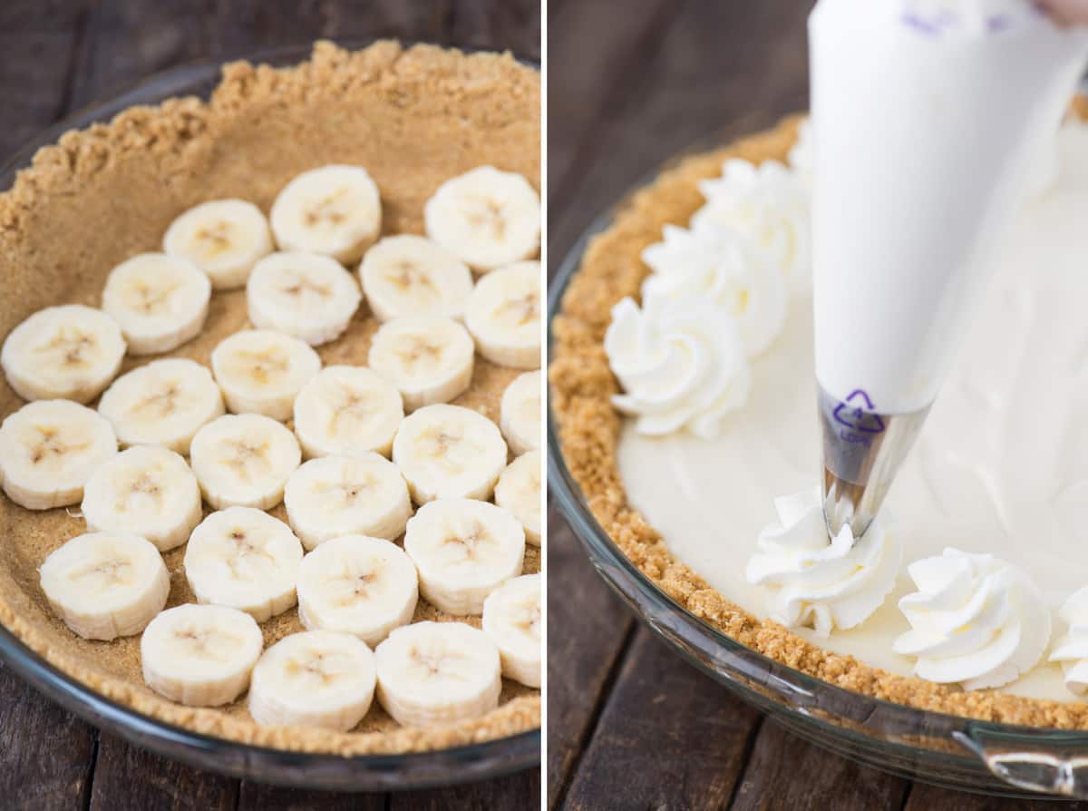 banana cream pie collage with graham cracker crust and bananas on left and whipped cream swirls being piped on on the right