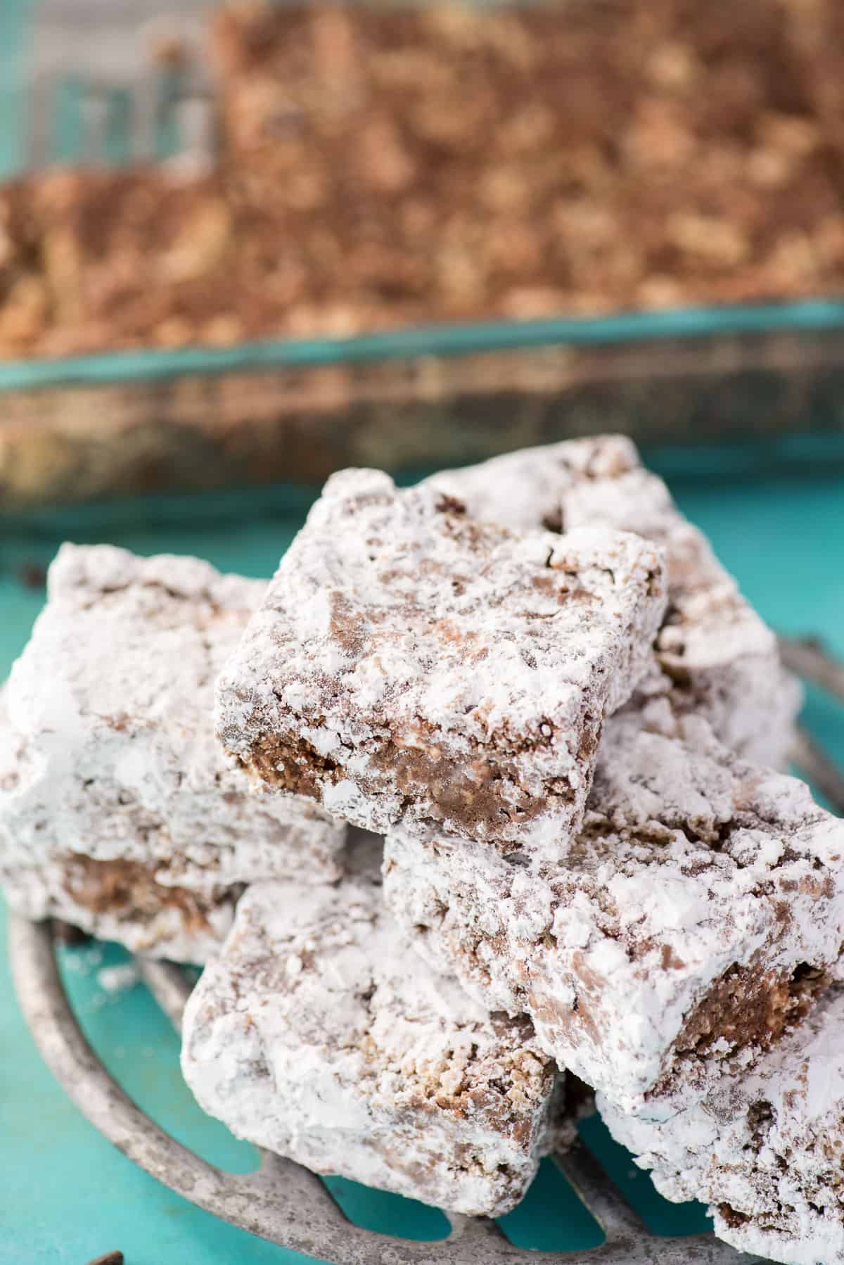puppy chow bars in pile on metal tray 