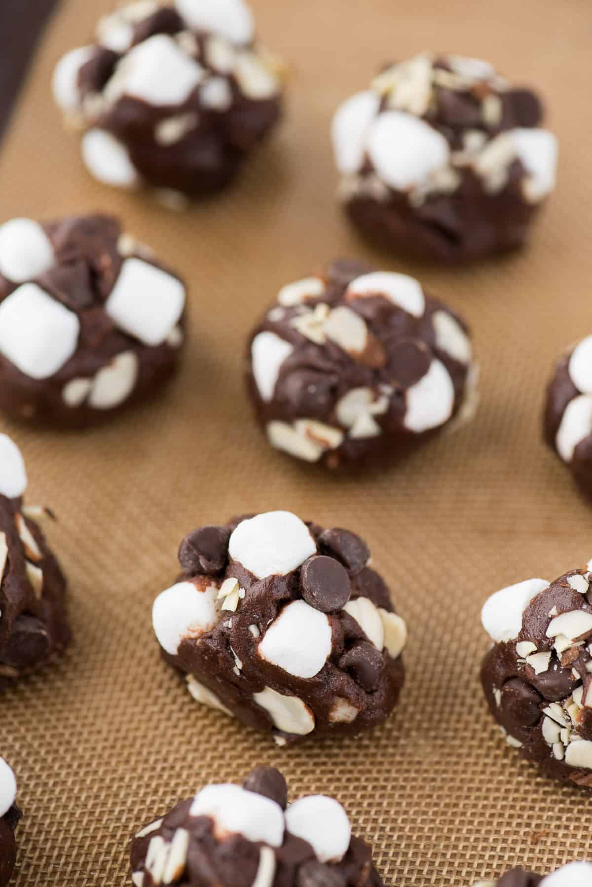 rocky road cookie dough balls on silicone baking mat