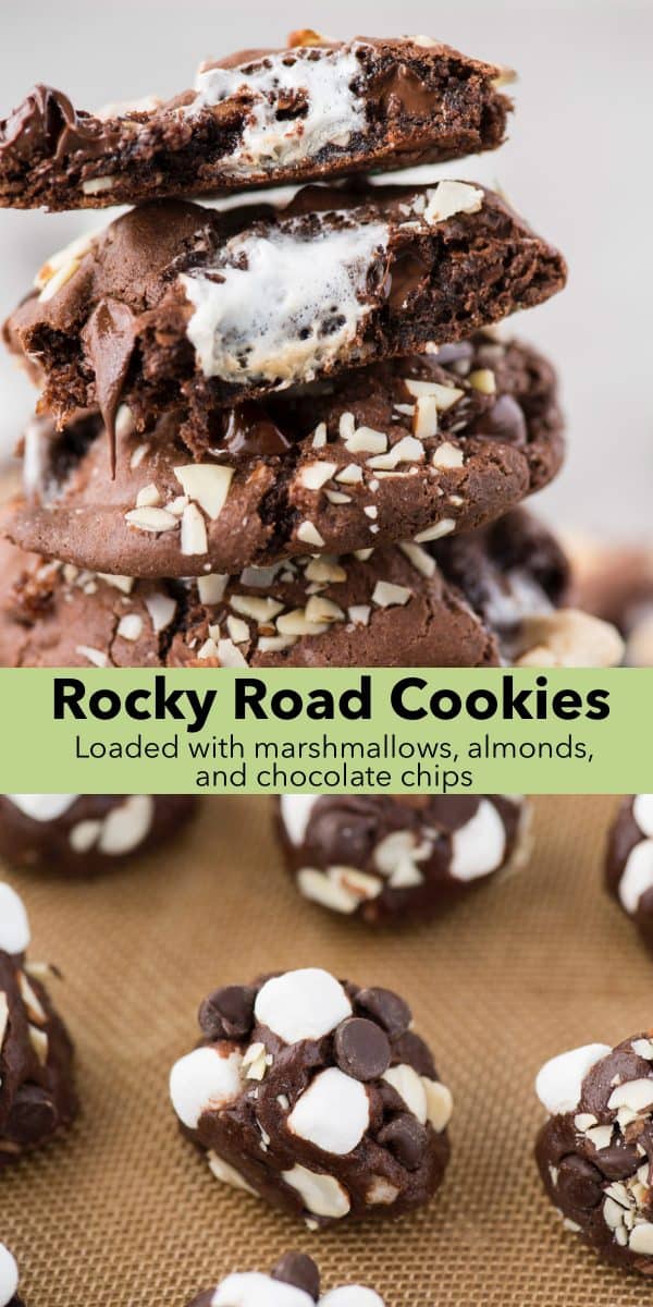 Soft and chewy rocky road cookies will hit the spot and remind you of your favorite rocky road ice cream. These chocolate cookies are packed with almonds, chocolate chips and marshmallows! You don’t have to chill the dough, this rocky road cookie recipe is ready in 30 minutes! rocky road cookies stack on top of each other
