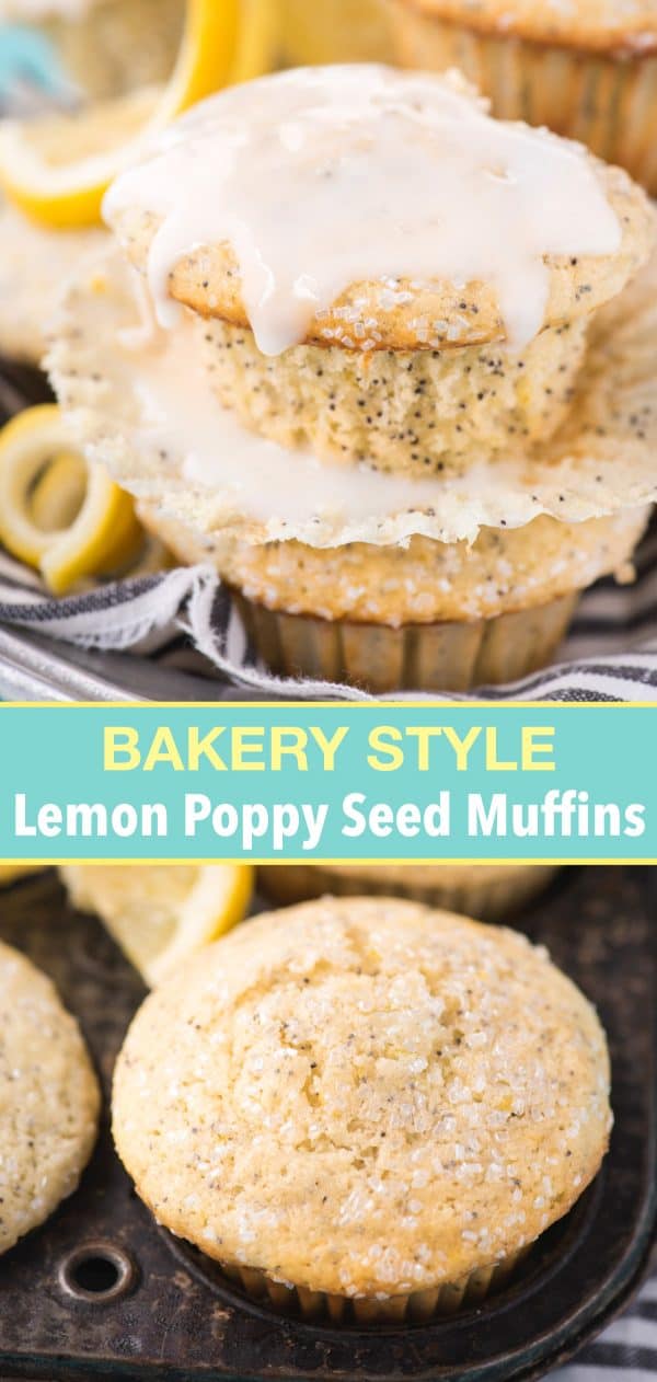 This is my favorite recipe for making bakery style lemon poppy seed muffins! Add course sugar to the tops or drizzle them with lemon glaze. These lemon muffins turn out so moist and flavorful with buttermilk and fresh lemons! Plus good tips on how to bake bakery style muffins! #lemonpoppyseedmuffins #muffins #lemonmuffins lemon poppy seed muffin with lemon glaze drizzled on top with text overlay
