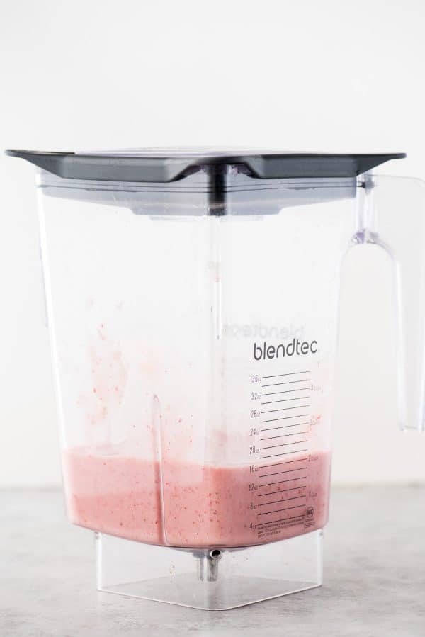 Use those ripe bananas and make fresh strawberry banana muffins. These strawberry muffins are dairy free and have been tested with gluten free flour with AMAZING results! You can also use frozen bananas and frozen strawberries to make these muffins. strawberry banana puree mixture in blender
