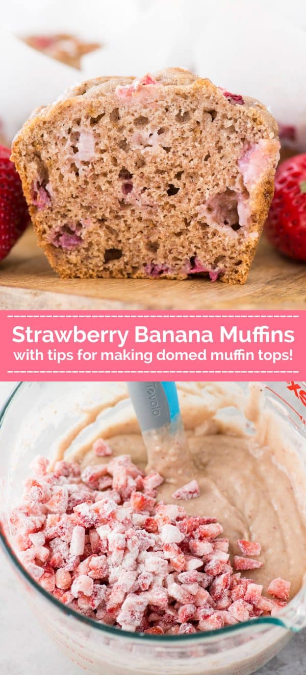 Use those ripe bananas and make fresh strawberry banana muffins. These strawberry muffins are dairy free and have been tested with gluten free flour with AMAZING results! You can also use frozen bananas and frozen strawberries to make these muffins. #strawberrymuffins #strawberrybananamuffins #muffins strawberry banana muffin cut in half on wood board