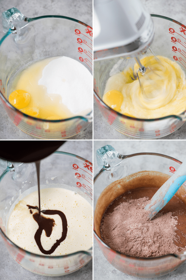 collage image of how to make homemade brownies with glass mixing bowl and baking ingredients