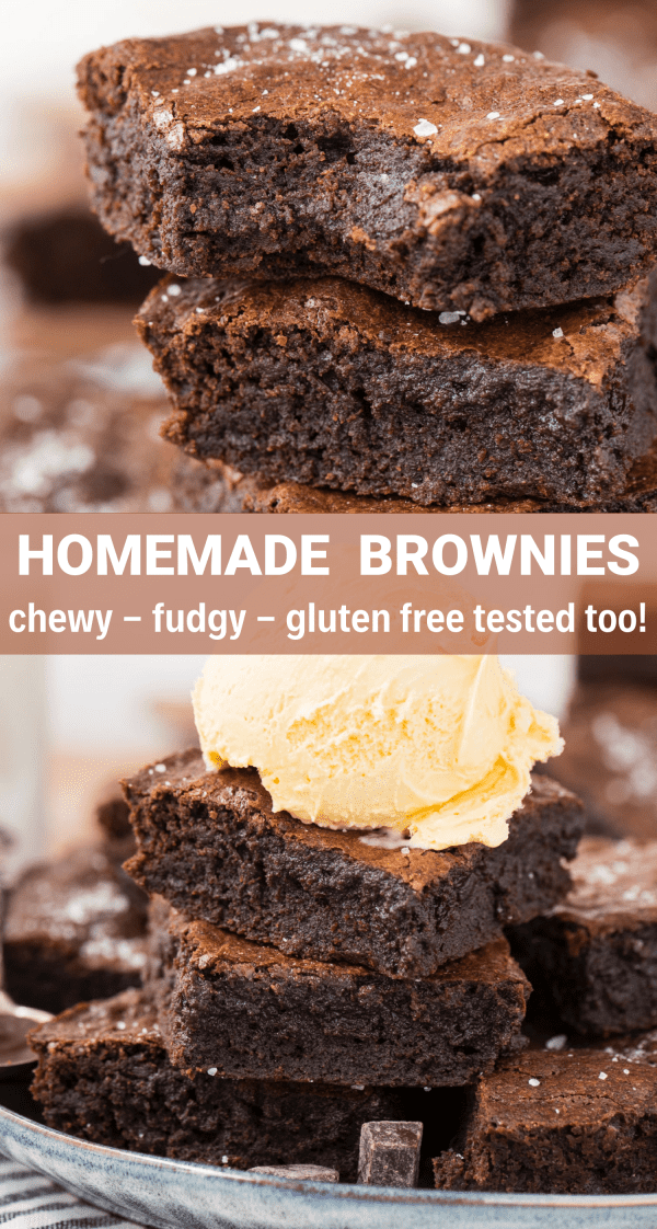 homemade brownies stacked in a tower with a bite taken out with text overlay collage