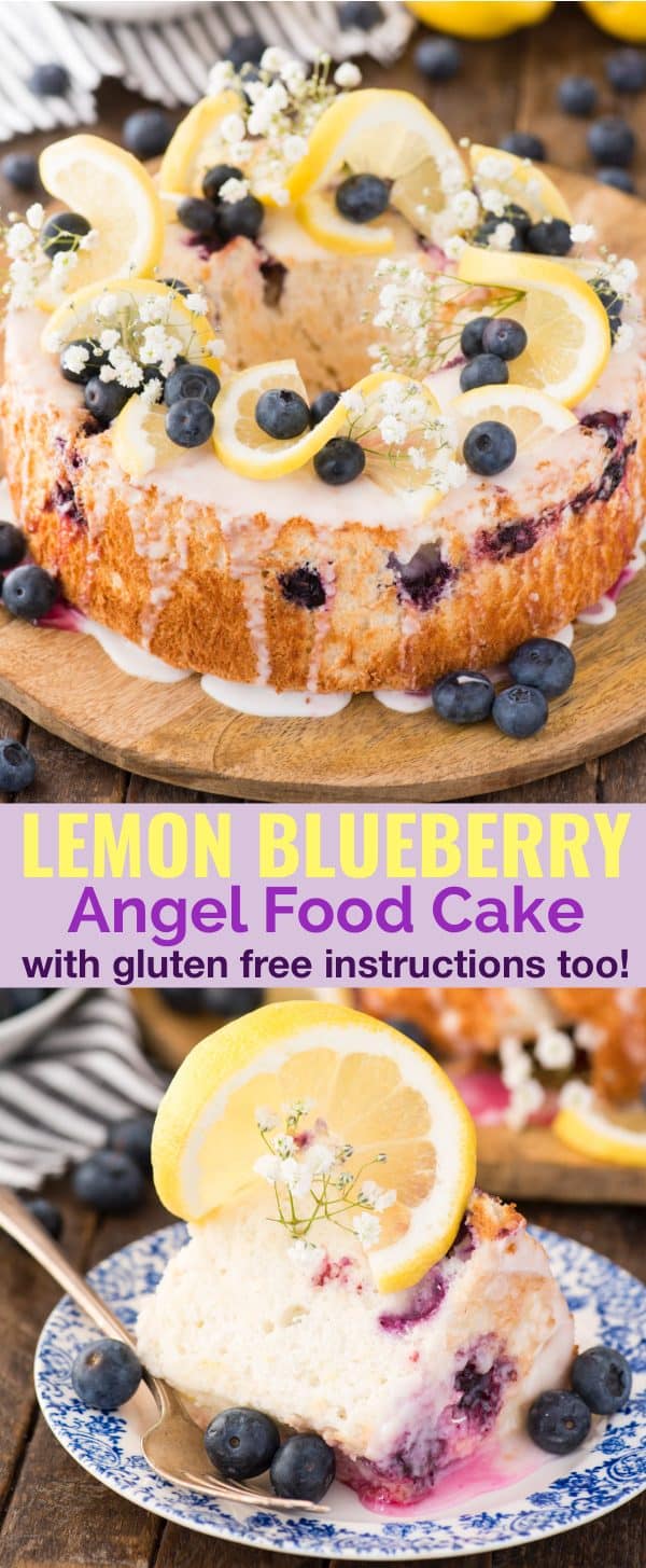 Lemon blueberry angel food cake with lemon slices, blueberries and baby’s breath as garnish on top of the cake on a wood serving plate with text overlay.