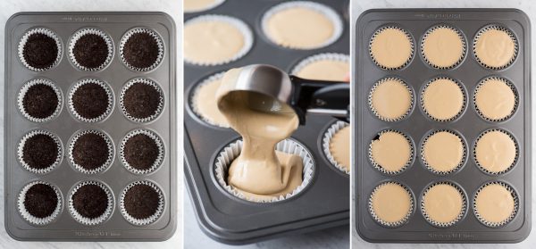 This is a crowd favorite mini coffee cheesecake recipe that you’ll use over and over! The whole recipe is only 7 ingredients and you make it in a regular size muffin pan! Plus, you can do an oreo crust or graham cracker crust for these mini espresso cheesecakes. #minicheesecake #coffeecheesecake #minicoffeecheesecake #espressocheesecake #mochacheesecake collage image of how to make mini coffee cheesecakes