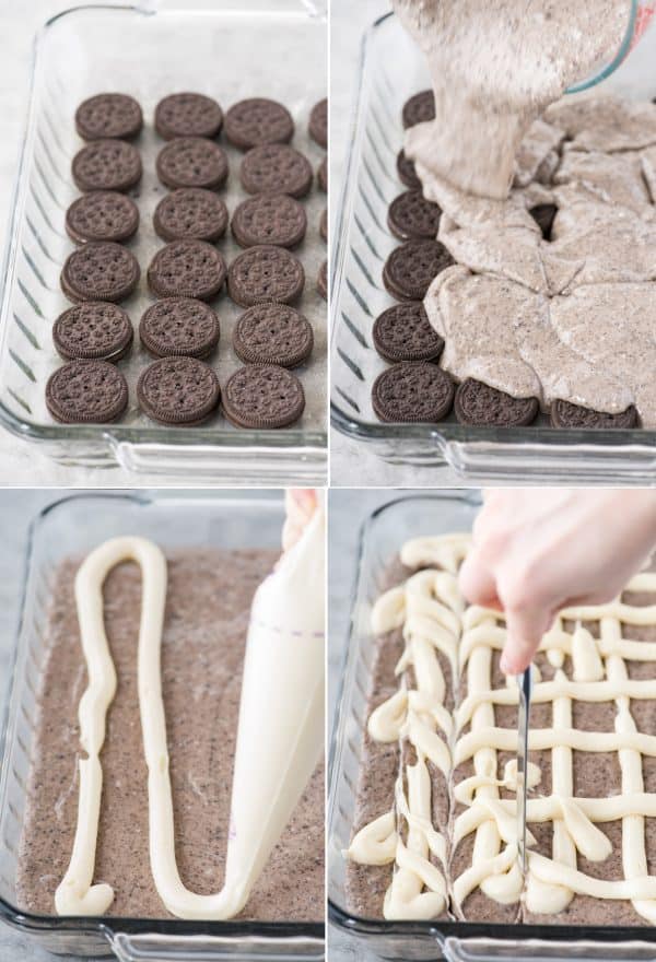 This oreo earthquake cake is a white cake mix loaded with whole oreos and oreo crumbs. Swirl in the cream cheese frosting layer and it bakes into the cake creating frosting filled crevices and cracks on top of the cake. #earthquakecake #oreocake #cake how to make oreo earthquake cake collage with 4 images