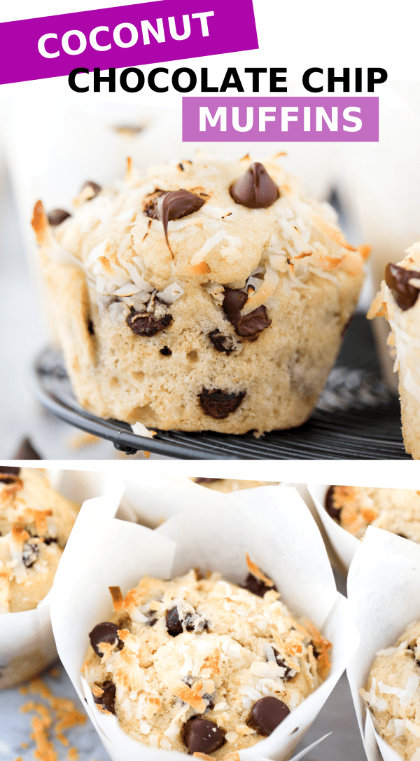 Coconut chocolate chip muffins on black wire cooling rack with text overlay collage