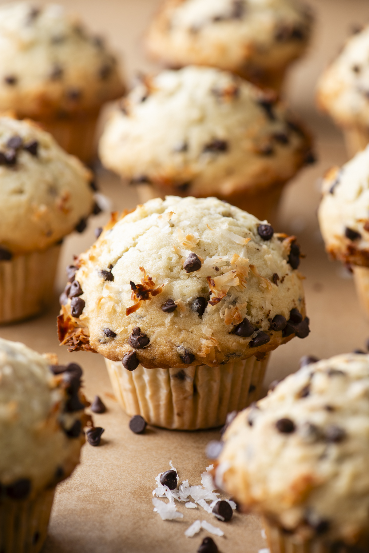 A close-up of several coconut chocolate chip muffins on a brown surface, with coconut flakes and chocolate chips visible on top.