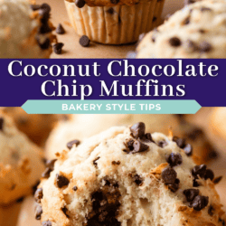 Close-up of coconut chocolate chip muffins, some whole and one with a bite revealing the soft, moist interior, all generously topped with shredded coconut and mini chocolate chips. Text overlay reads Coconut Chocolate Chip Muffins.