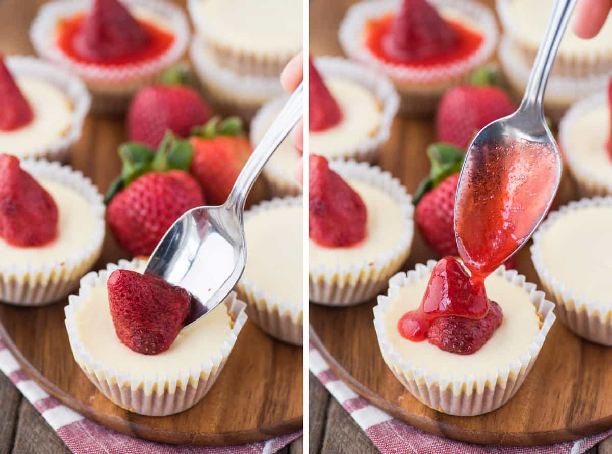 collage image of adding strawberry topping to mini plain cheesecakes
