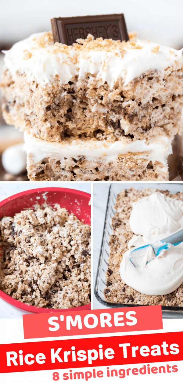 Close up Rice krispie s’mores treat with marshmallow frosting topped with hershey’s bar collage with text overlay